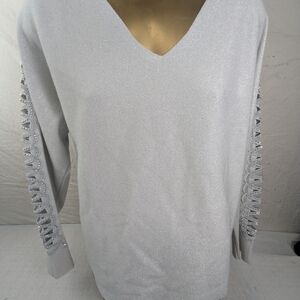 Ember Shimmer Silver V-Neck Sweater with Embellished Cut Out Sleeves Large